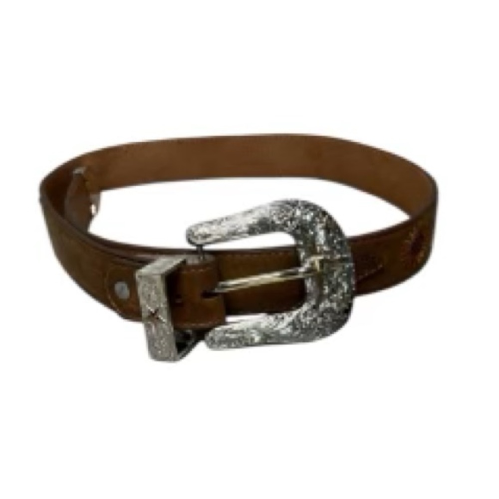 El Corral western Brown Leather Belt with Silver Buckle cowgirl floral embroider